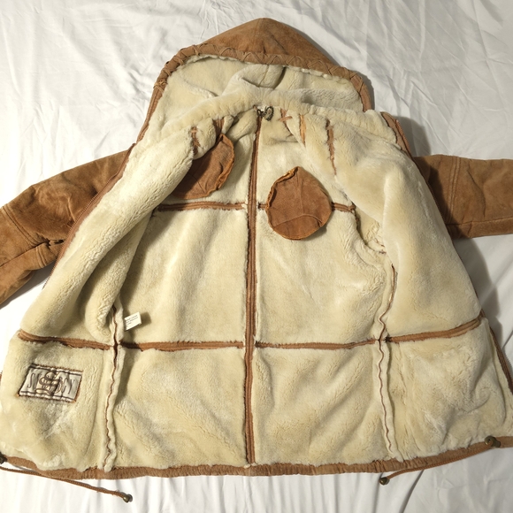 Vtg Synergy Leather Faux Shearling Hooded Coat Sueded Modacrylic Lined, Sz S - Picture 13 of 16